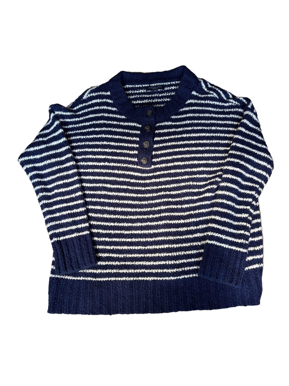 American Eagle Outfitters Navy and White Striped Crewneck Henley Sweater